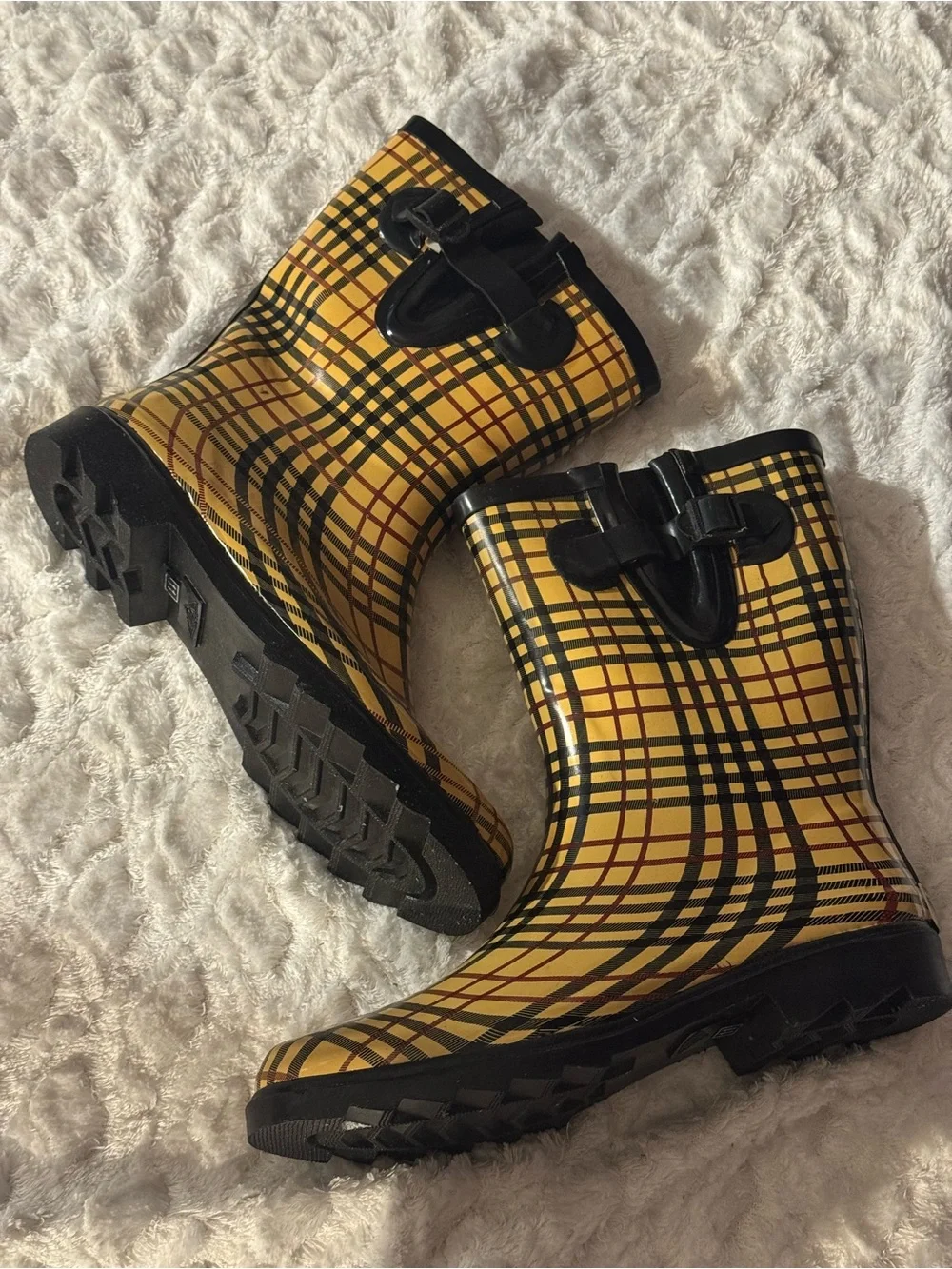 Yellow Plaid Women's Rain Boots